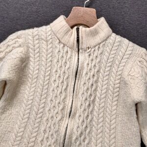 Inis Crafts Cardigan Womens Medium White Merino Wool Zip Aran Cable Ireland